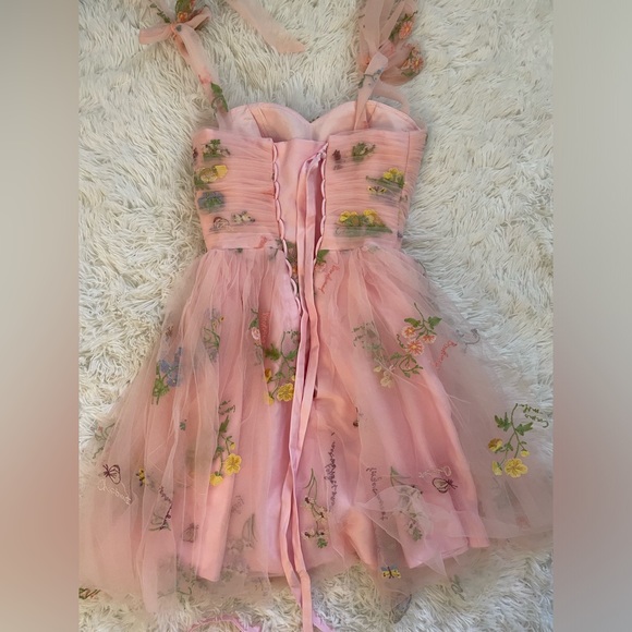 Pink Flower Embroidered Tulle Prom Dress - Picture 4 of 4